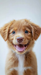 A cute dog puppy on simple white background looks at camera background with copy space. pet fashion portrait minimalism adorable wallpaper 