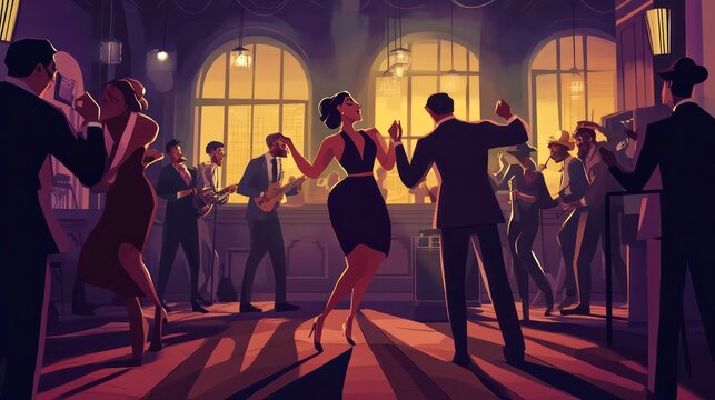 group of people dancing in room, swanky 1920s speakeasy with flapper dancers and jazzy band