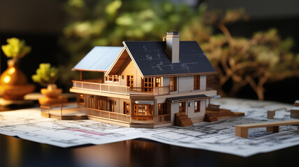 A detailed architectural model of a modern house on top of blueprints and design papers, 3D rendering with a focus blur effect in the background.