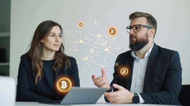 Cryptocurrency Collaboration: A confident businessman and businesswoman discuss the potential of cryptocurrency.