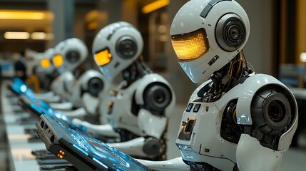 Fototapeta premium Robots operating technology modern lab digital display futuristic environment close-up view automation concept