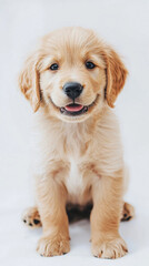 A cute dog puppy looks at camera simple white background with copy space. pet fashion portrait minimalism adorable wallpaper 