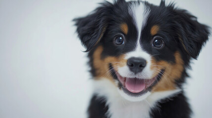 Fototapeta premium A cute dog puppy looks at camera simple white background with copy space. pet fashion portrait minimalism adorable wallpaper 