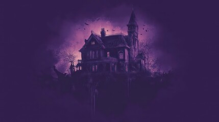 A spooky, dark, and mysterious haunted house with a tall tower sits on a cliff against a purple cloudy sky.