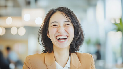 Naklejka premium Joyful Businesswoman: A portrait of a young Asian businesswoman, radiating pure joy and happiness with a wide, genuine laugh.