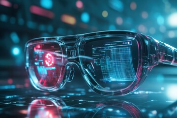 A futuristic pair of augmented reality eyeglasses displaying holographic data in a tech-heavy environment, symbolizing innovation and cutting-edge technology