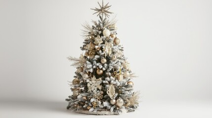 Sparkling Christmas tree with festive decor, placed against a simple white background, creating a fresh holiday feel.