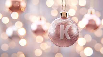 A single rose gold Christmas ornament with the letter K printed on it, hanging with a gold string against a bokeh background of golden and white lights.
