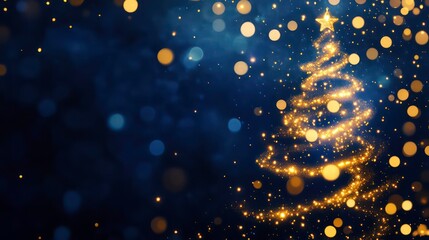 Fototapeta premium A golden Christmas tree made of sparkling lights on a dark blue background with bokeh.
