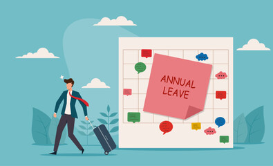 Annual leave, take day off or vacation to rest and relax from hard work. Businessman takes annual leave, holding suitcase, with calendar noting the dates. Ideal for vacation, time off