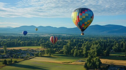 Fototapeta premium Hot air balloons fly over the fields and forests in the morning.