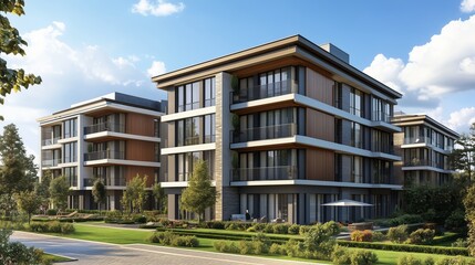 Modern apartment buildings on a sunny day with a blue sky