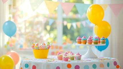 Colorful cupcakes on a dessert table with balloons and bunting decorations. Bright indoor party setup with natural light. Celebration and birthday party concept. 