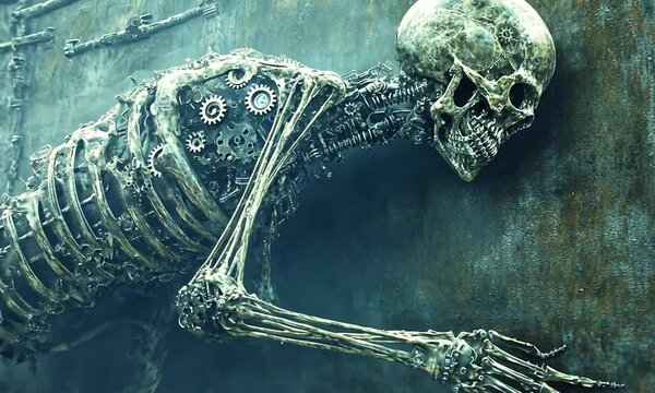 A skeletal figure with mechanical elements, shrouded in mist against a textured background.