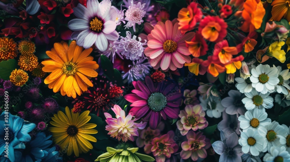 Poster a powerful visual of a vibrant spectrum of different flowers blooming together in a garden, symboliz