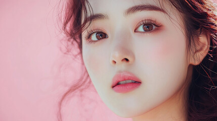 Beautiful young asian woman with long eyelashes extensions pink glitter eyeshadow makeup red lips fashion closeup background. cosmetic beauty product spa salon banner poster wallpaper 