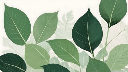 Seamless Digital Illustration of Tropical Leaves Pattern in Various Shades of Green on Beige Background