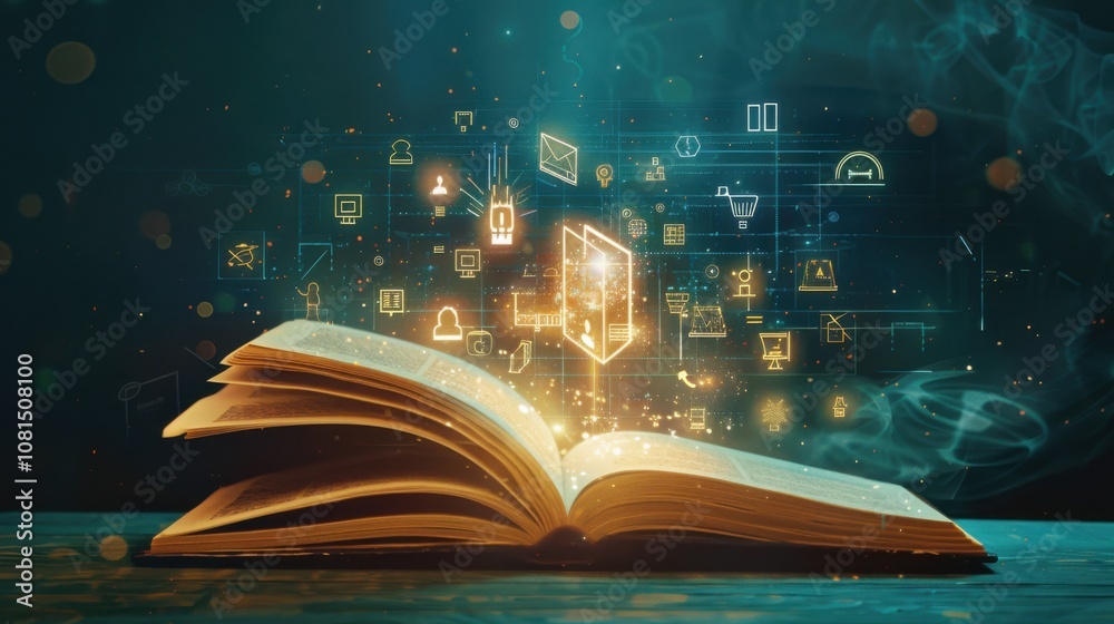 Poster A powerful visual of inclusive storytelling, depicting a book with pages that transform into a diverse range of symbols and icons, Representing the richness of stories from various perspectives