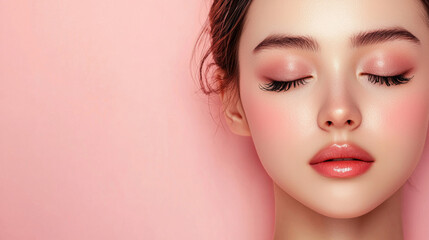Beautiful young asian woman with long eyelashes extensions pink glitter eyeshadow makeup red lips fashion closeup background. cosmetic beauty product spa salon banner poster wallpaper 