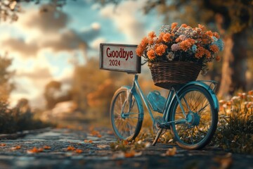 Fototapeta premium A blue bicycle with a basket of flowers and a sign saying 
