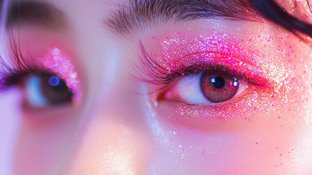 Fototapeta Beautiful young asian woman with long eyelashes extensions pink glitter eyeshadow makeup red lips fashion closeup background. cosmetic beauty product spa salon banner poster wallpaper 