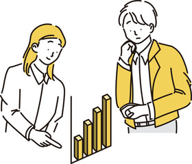 棒グラフを分析しながら打合せをしているビジネスウーマンとビジネスマンのシンプルなイラスト素材