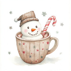 cheerful snowman in cup with candy cane, surrounded by snowflakes. Perfect for winter and holiday themes