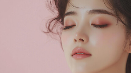 Beautiful young asian woman with long eyelashes extensions pink glitter eyeshadow makeup red lips fashion closeup background. cosmetic beauty product spa salon banner poster wallpaper 