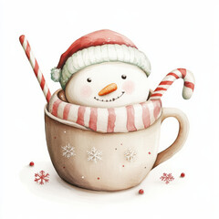 cheerful snowman wearing red hat and scarf sits in festive mug, surrounded by candy canes and snowflakes, evoking warm holiday spirit