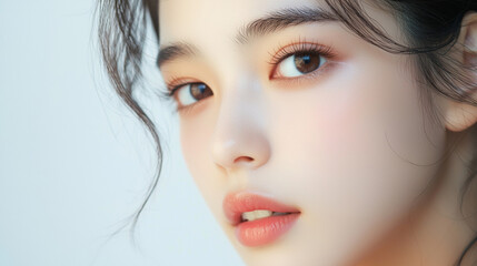 Beautiful young asian woman with long eyelashes extensions pink glitter eyeshadow makeup red lips fashion closeup background. cosmetic beauty product spa salon banner poster wallpaper 