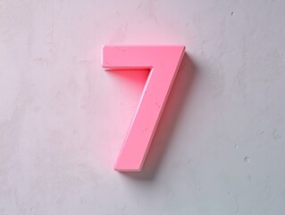 A pink number seven displayed against a textured wall.