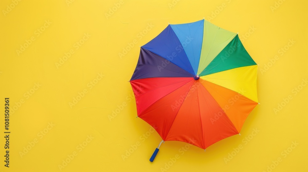 Poster a rainbow-colored umbrella on a solid yellow background representing protection and diversity, empha