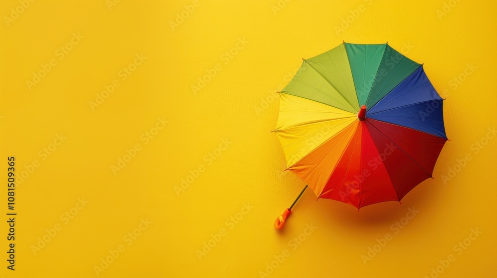 Poster a rainbow-colored umbrella on a solid yellow background representing protection and diversity, empha