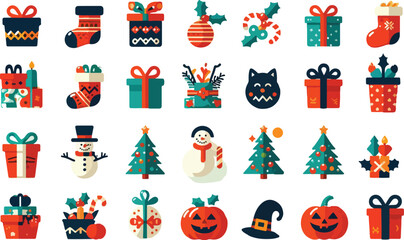 A collection of festive holiday icons for events like Christmas, New Year, Halloween, and Thanksgiving. Simple, colorful, and modern icons featuring gifts, trees, pumpkins, and other festive items
