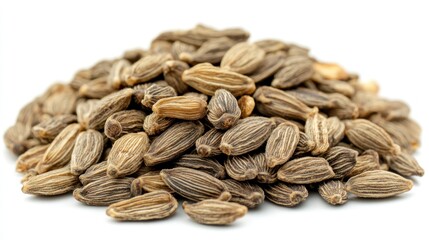 Obraz premium Close-up of a pile of dried, brown, elongated seeds isolated on a white background.