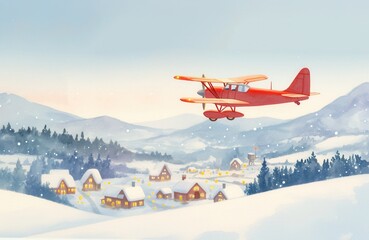 Fototapeta premium Christmas wonderful scene, A plane flying over snowy village, lights twinkling below