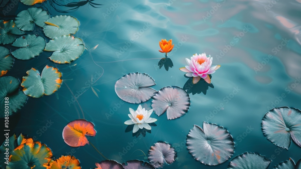 Poster A serene scene of a tranquil lake with different colored lily pads and flowers floating on its surface, Symbolizing the peaceful coexistence and beauty of diverse identities coming together