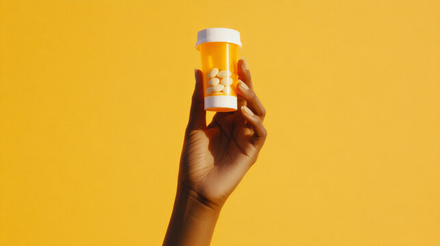 hand holding medication bottle against bright yellow background symbolizes beginning of health journey. vibrant color adds sense of optimism and hope