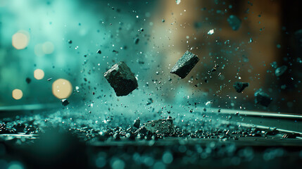 Stones hitting railway track create dynamic splashes of debris, showcasing motion and energy in captivating studio lighting setup