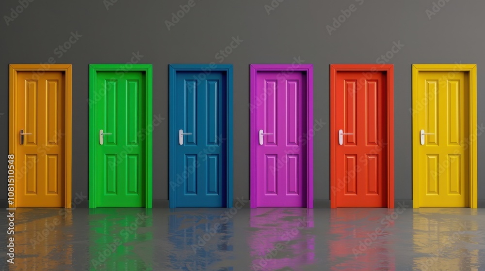 Poster A series of brightly colored doors on a solid gray background representing access and inclusion, Emphasizing the open opportunities for all individuals, minimalistic style