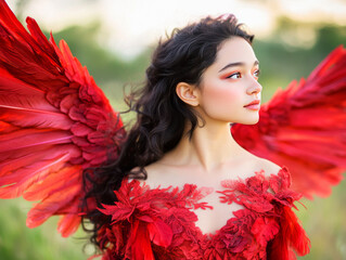 Enchanting Portrait of a Young Woman with Delicate Red Feathers and Wings, Capturing the Essence of Grace and Beauty in a Lush Natural Setting