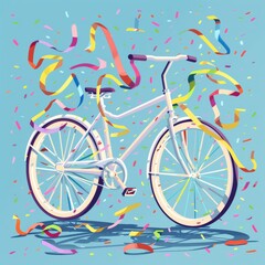 Fototapeta premium Colorful Cartoon Bicycle with Streamers on Handlebars Surrounded by Festive Confetti in a Bright Blue Background for Vibrant Illustrations