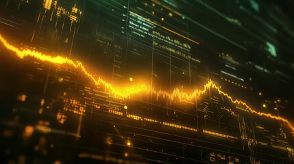 A glowing orange line graph rises and falls against a dark background with digital data.