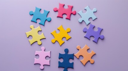Obraz premium A series of colorful, interconnected puzzle pieces against a solid background, symbolizing the concept of inclusivity and the idea that everyone fits into the whole