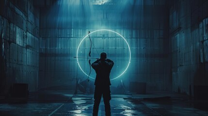 A man with a bow and arrow stands in a dark and mysterious setting, aiming at a glowing circular target.