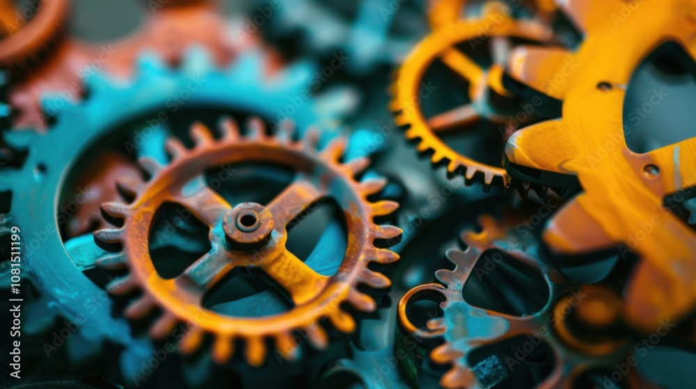 Poster a series of interconnected gears in different colors and sizes, depicting the collaborative mechanis