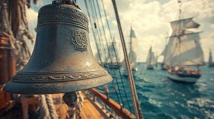 Fototapeta premium Close-up of a ship bell on a sailing ship with a fleet of other ships in the background.