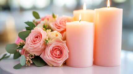 Soft Pink Roses and Candles on a Table for Romantic Decor, Celebration, Wedding, or Event Setting with Blurred Background and Warm Lighting