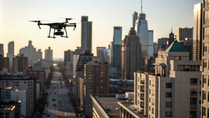 Aerial view of city skyline with drone casting shadow over buildings, empty streets symbolizing state of alert.