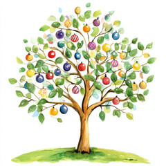 colorful tree with vibrant ornaments and green leaves, symbolizing joy and creativity. Perfect for festive themes and artistic designs